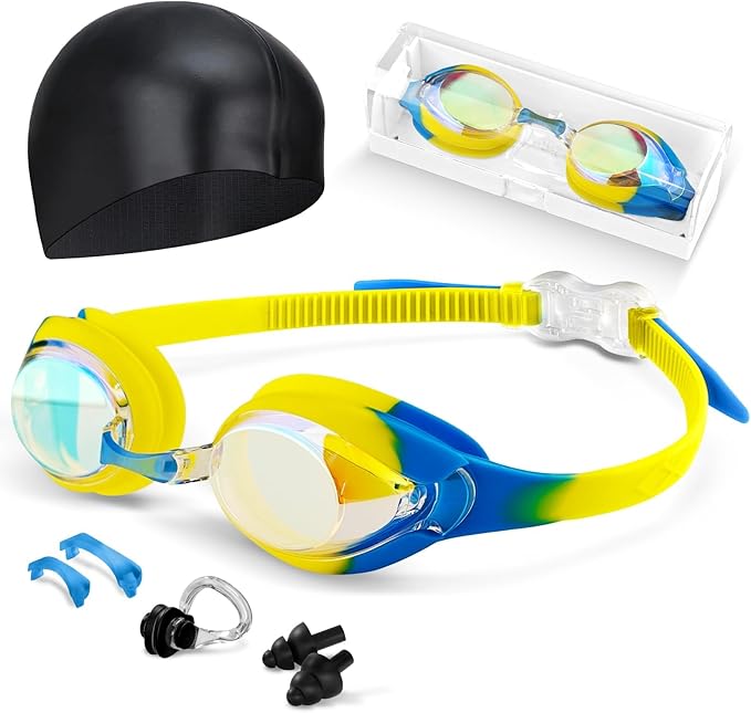 Kids Swim Goggles, Anti-fog and UV Protection with Swim Cap for Age 3-15 Youth Boys Girls Toddler