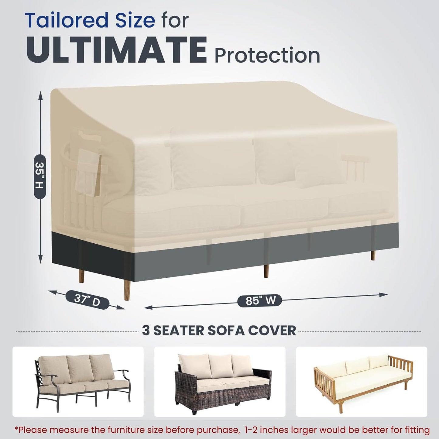 Extra Heavy Duty Outdoor Couch Cover Waterproof, Large 3-Seater Patio Sofa Cover, Lawn Patio Furniture Covers with Air Vent, 85"W x 37"D x 35"H
