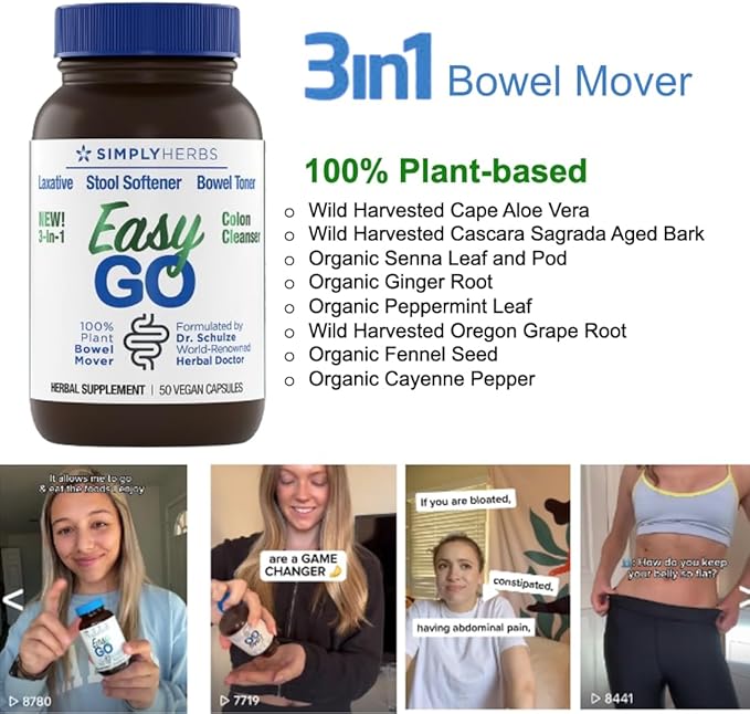 Dr. Schulze's Easy GO Bowel Mover - Formulated Gentle Laxative, Colon Toner & Stool Softener | 100% Plant Natural Bowel Cleanse - Promotes Regular & Complete Bowel Movements - 50 Count Vegan