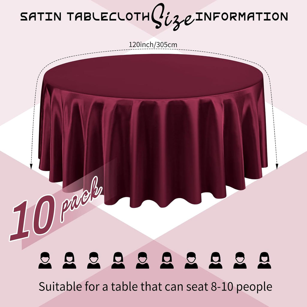 10 Packs Satin Tablecloth 120 Inch Burgundy Round Table Cloth Silk Tablecloth Smooth Fabric Overlay Satin Table Cover Decoration for Wedding Party Banquet Events