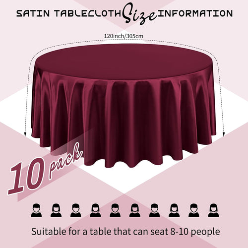 10 Packs Satin Tablecloth 120 Inch Burgundy Round Table Cloth Silk Tablecloth Smooth Fabric Overlay Satin Table Cover Decoration for Wedding Party Banquet Events