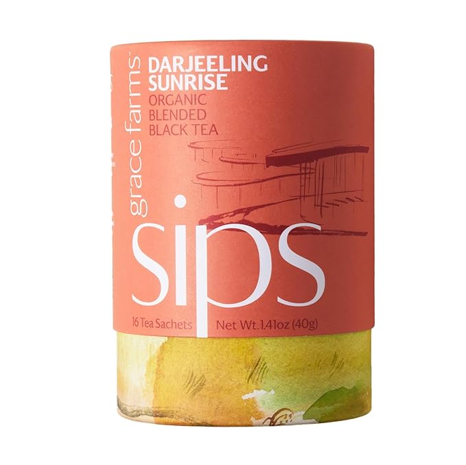 Grace Farms Organic Darjeeling Sunrise Black Tea, 16 Pyramid Sachets | Darjeeling & Orange | Fairtrade & Kosher |Gives Back 100% of Profits