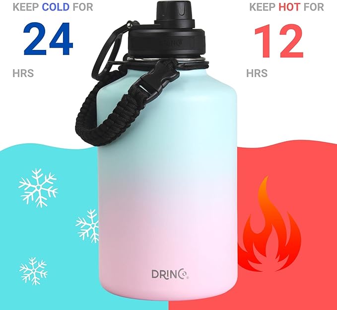 DRINCO Stainless Steel Water Bottle Spout Lid Vacuum Insulated Double Wall Water Bottle Wide Mouth (64oz 40oz 32oz 22oz 18oz 14oz) Leak Proof Keep Cold Sport Camping Hiking (64 oz, 64oz Macaron)