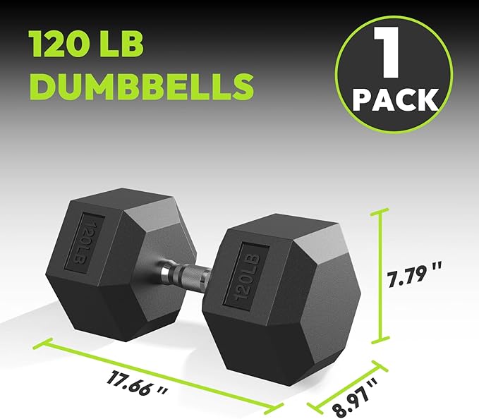 Hex Dumbbell 40-125 lb, Rubber Encased Exercise & Fitness Dumbbells, Hand Weight for Strength Training