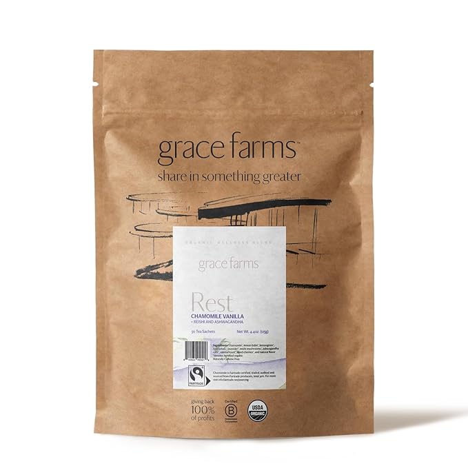 Grace Farms REST Wellness Organic Tea Blend (50 Sachet Pouch) | Sleep and Stress Support For Evening | Chamomile Vanilla Tea with Caffeine Free Adaptogens and Mushrooms | Gives Back 100% of Profits