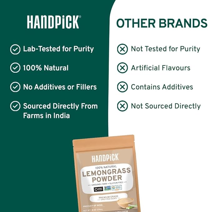 HANDPICK Lemongrass Powder (226g/8oz) Non GMO, Gluten Free, 100% Raw, Sourced from India, For Cooking, Smoothies, Tea, Packed in Resealable Ziplock Pouch