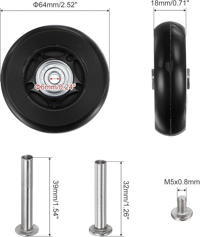 uxcell Replacement Luggage Wheels 64x18mm Suitcase Wheel Repair Kits Include 2 PU Bearing Wheels & Washers, Wrenches & Axle Screw for Trolley Bag, Inline Skate and Caster Board