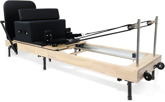 Foldable Pilates Reformer with Sitting Box, Double Jump Boards – Wooden Pilates Reformer Machine with Velvet Straps, German Springs, Smooth Aluminum Rails, Pilates Machine for Home