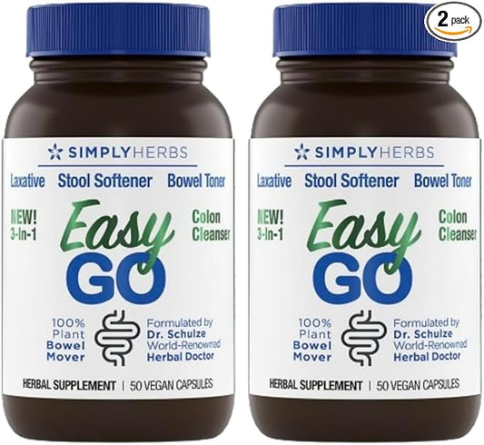 Dr. Schulze's Easy GO Bowel Mover 2-Pack | Formulated Gentle Laxative, Colon Toner & Stool Softener | 100% Plant Natural Bowel Cleanse | Promotes Regular & Complete Bowel Movements | 100 Ct Vegan