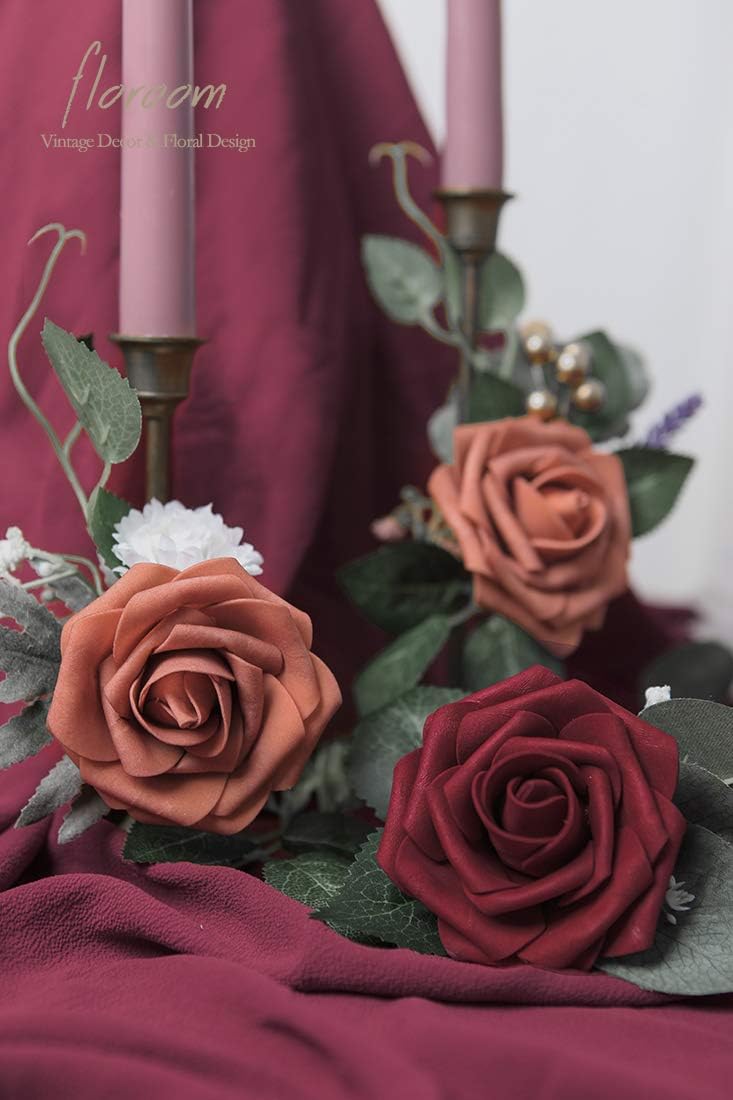 Floroom Artificial Flowers 25pcs Real Looking Burgundy Foam Fake Roses with Stems for DIY Wedding Bouquets Red Bridal Shower Centerpieces Party Decorations