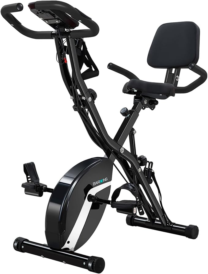BARWING Stationary Exercise Bike for Home Workout, 5 IN 1 Foldable Indoor Cycling Bike for Seniors, 350LB Capacity, 16-Level Magnetic Resistance, Seat Backrest Adjustments