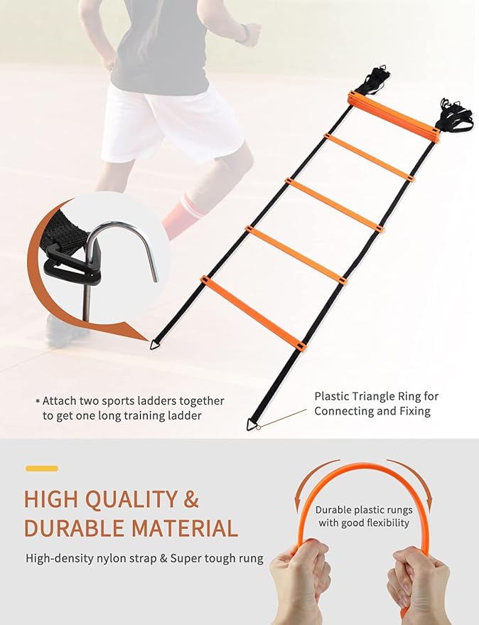 GHB Agility Ladder,Football Training Equipment Set,4 Agility Hurdles, 20 feet12 Rungs Speed Ladder,12 Disc Cones,Resistance Parachute, Jump Rope, 5 Resistance Bands