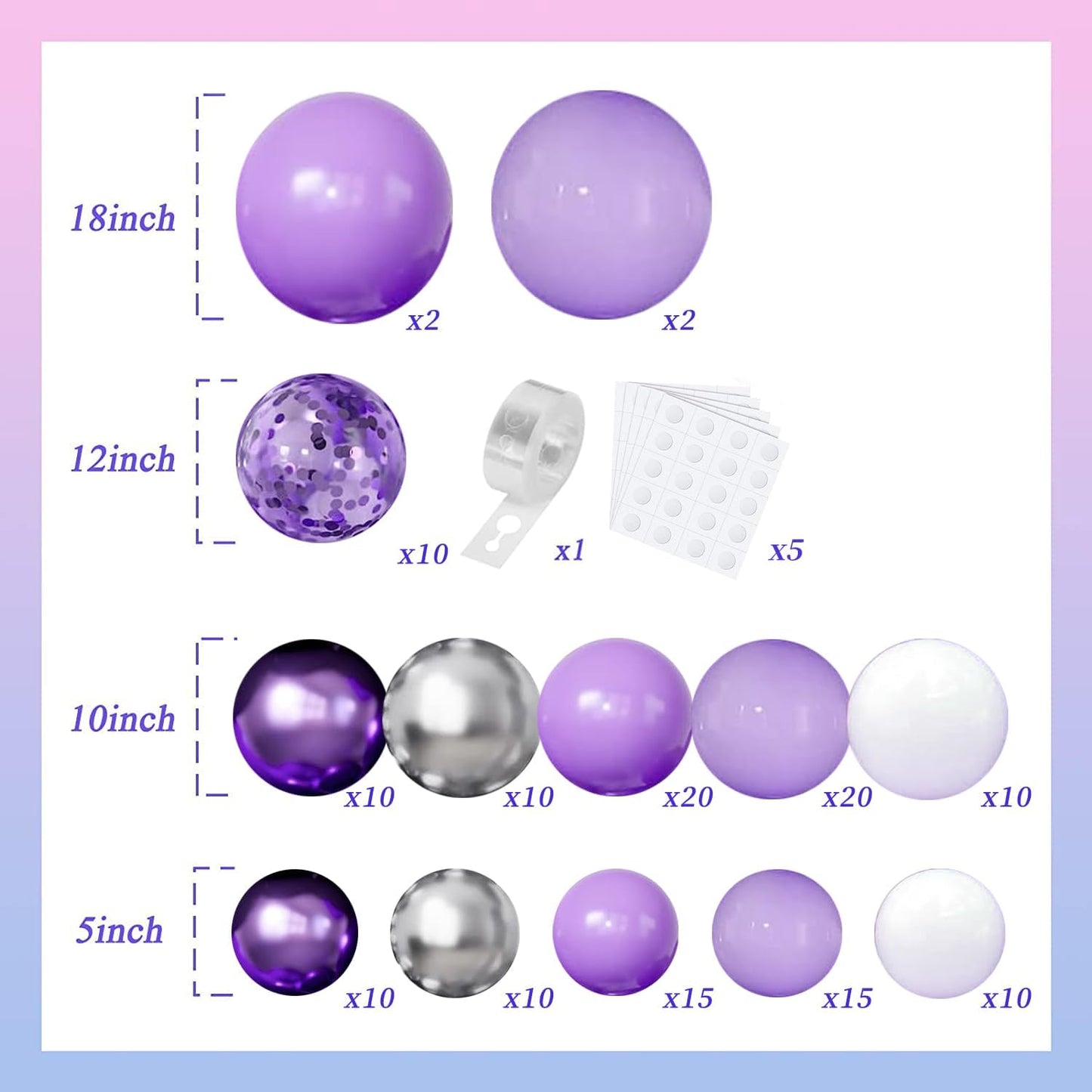 Purple Balloons Garland Arch Kit,144pcs Lavender Purple Pastel Purple Confetti Balloons with Silver White Ballons for Girl Butterfly Bridal Shower Princess Birthday Wedding Party Decoration