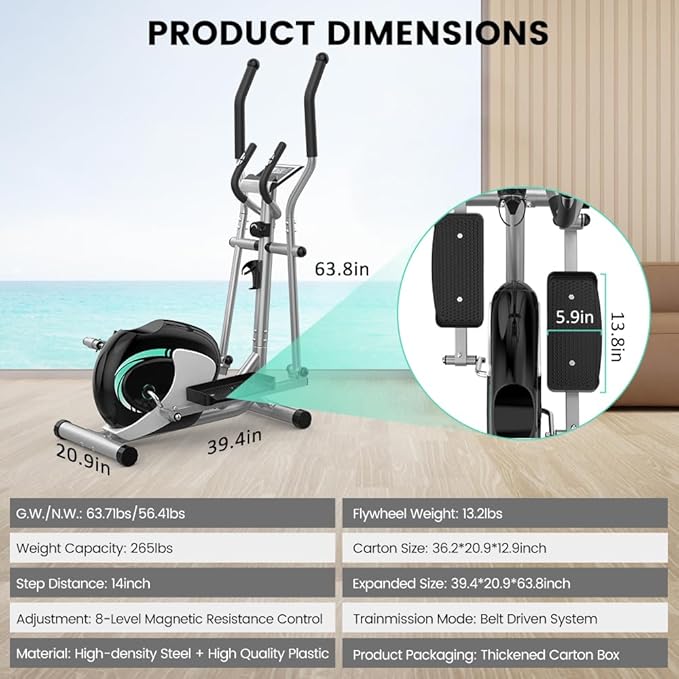 Dripex Elliptical Exercise Machine, Hyper-Quiet Elliptical Machine for Home, Magnetic Elliptical Training Machines with 8-Level Resistance, 6KG Flywheel, LCD Monitor, Pulse Sensor