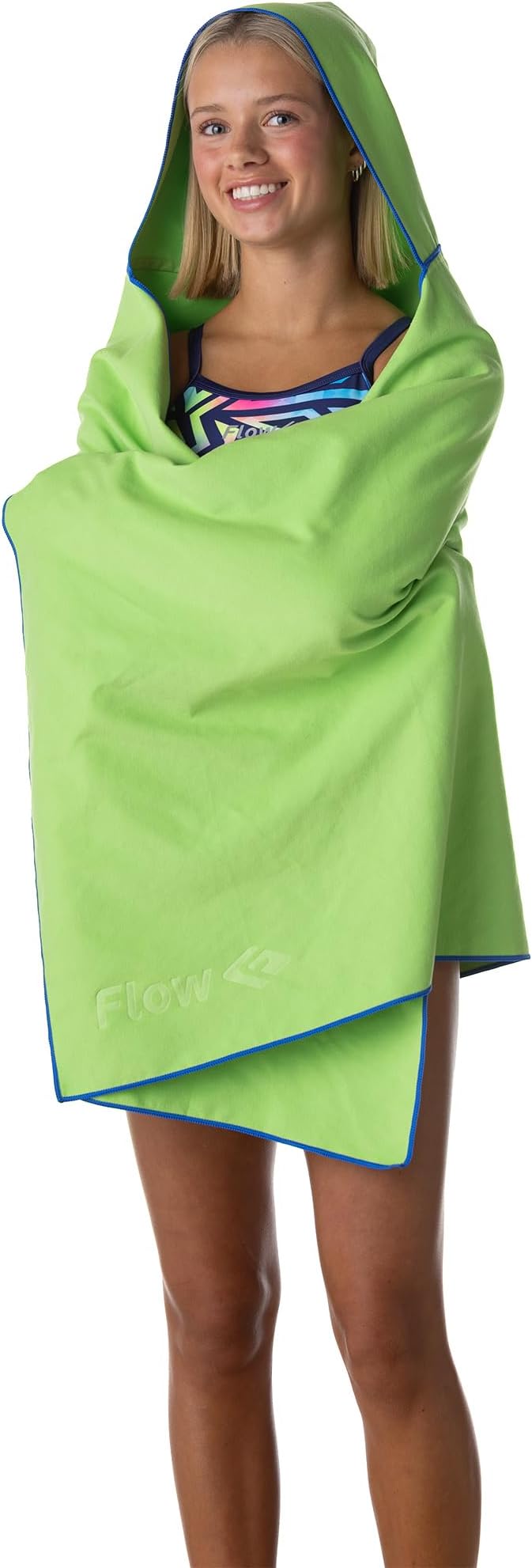 Flow Hydro Sport Towel - Microfiber Quick Dry Swimming Towels for Swim, Pool, Triathlon, and Other Water Sports in Medium, Large, Extra Large, and Hooded Sizes (Lime, Large w/Hood)