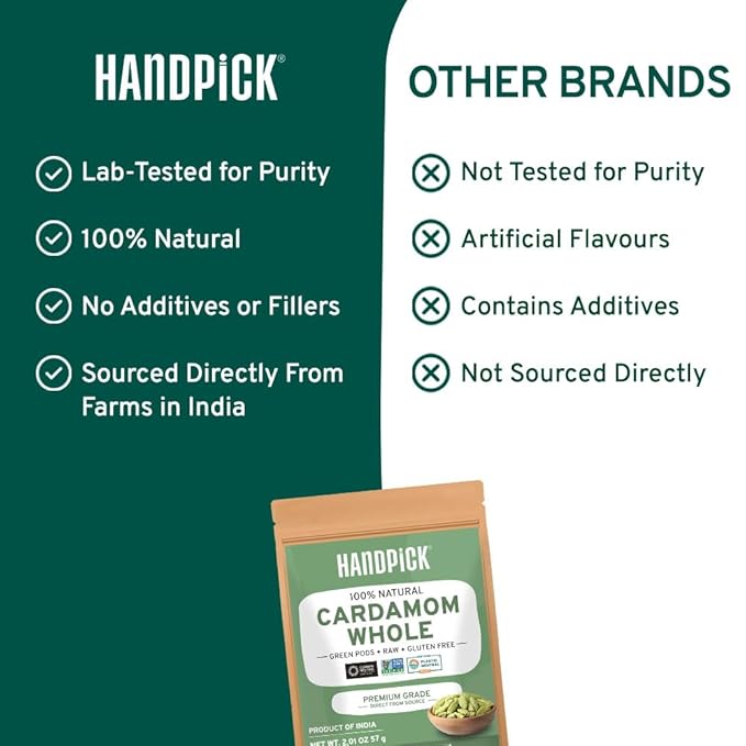 HANDPICK Green Cardamom Pods (57g / 2oz) Large size Green Elaichi | Pure, Non-GMO, Gluten Free | 100% Raw from India | Resealable Zip Lock Pouch