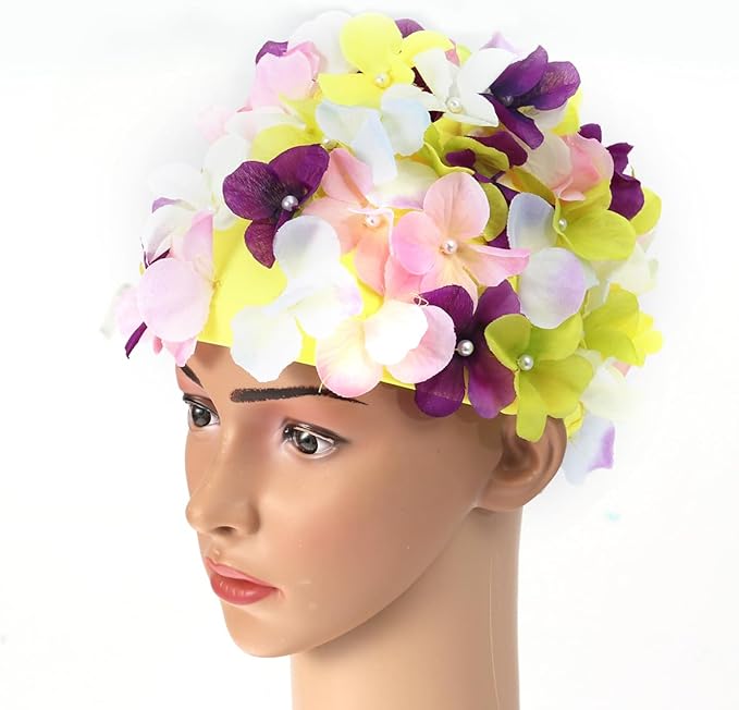FAVOMOTO Colorful Large Size 3D Floral Petal Swim Cap for Women - Floral Caps Unique Design for Ear Hair Protection in Water Activities Ideal for Swimming Beach