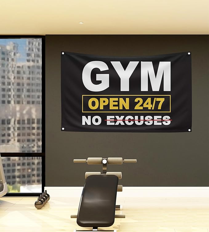 GYM OPEN 24/7 INDOOR NO EXCUSES Motivational Gym Banner, 3x5 Ft Single-sided Printing Inspirational Wall Decor Flag, Perfect Motivational Wall Decor, Keep Motivated and Passion with Gym Flag