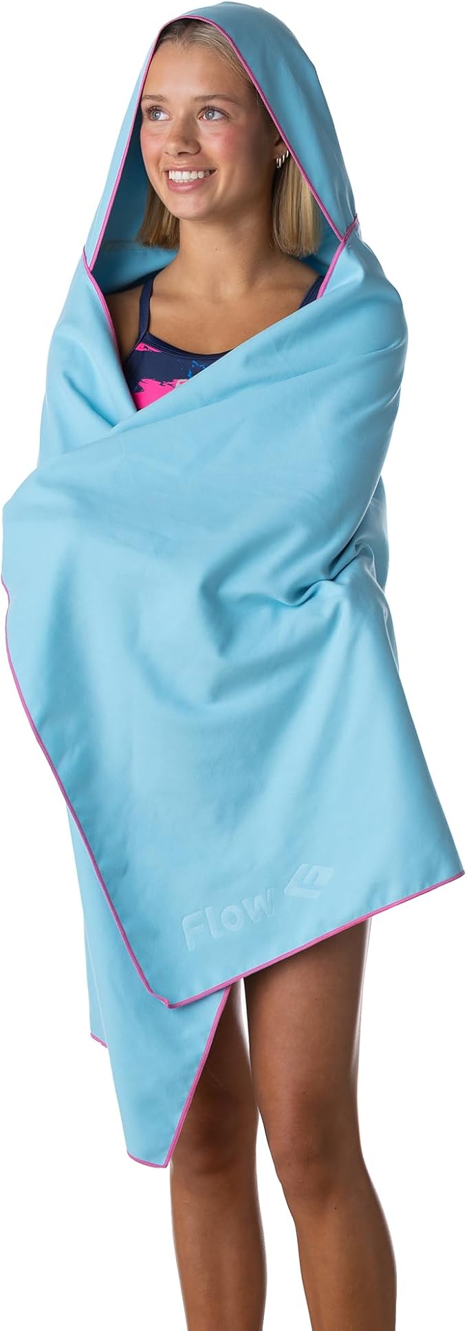Flow Hydro Sport Towel - Microfiber Quick Dry Swimming Towels for Swim, Pool, Triathlon, and Other Water Sports in Medium, Large, Extra Large, and Hooded Sizes (Aqua, Large w/Hood)
