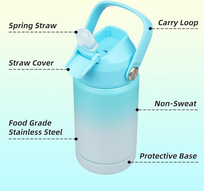 Insulated Water Bottle with Straw Lid,12 oz Stainless Steel Vacuum Metal Bottle with Silicone Handle,Sea Salt