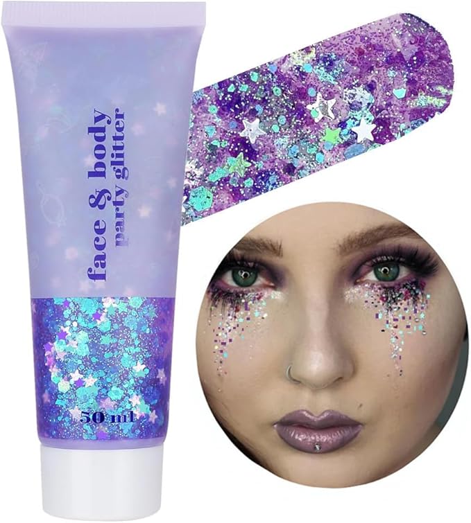 Go Ho Mermaid Purple Face Body Glitter Gel,Mardi Gras Outfit for Women Kids,Holographic Mermaid Chunky Sequins Glitters for Eye Lip Hair Nails,Festival Rave Accessories,52g