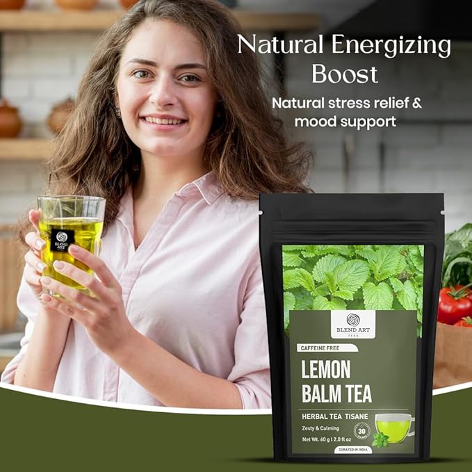 BlendArt Teas - Lemon Balm Herbal Tea - 30 Count - Pyramid Tea Bag | Relive Stres- Lemon Balm Herbal Tea | Reduces Bloating | Refreshing Flavour - Leaf Based - Caffeine Free | Ziplock Pouch