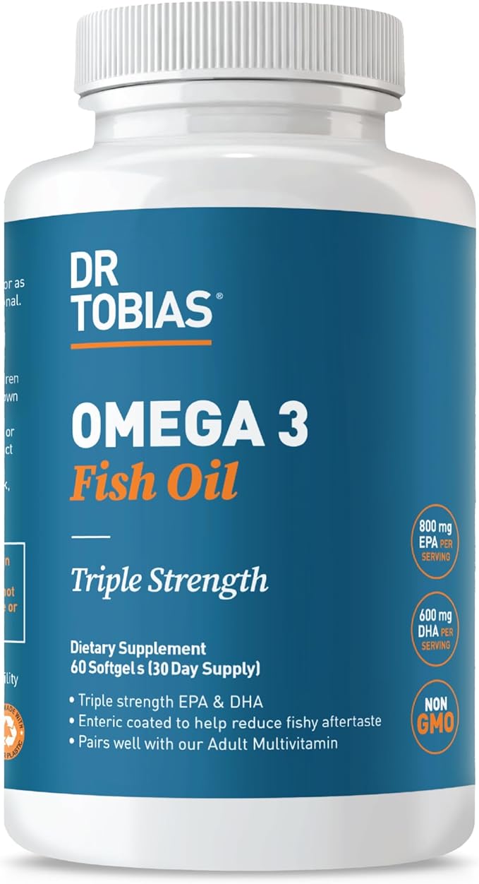 Dr. Tobias Omega 3 Fish Oil, 2000mg Triple Strength with 800mg EPA 600mg DHA Per Serving, Fish Oil Omega 3 Supplements for Heart, Brain & Immune Support, 60 Softgels, 30 Servings