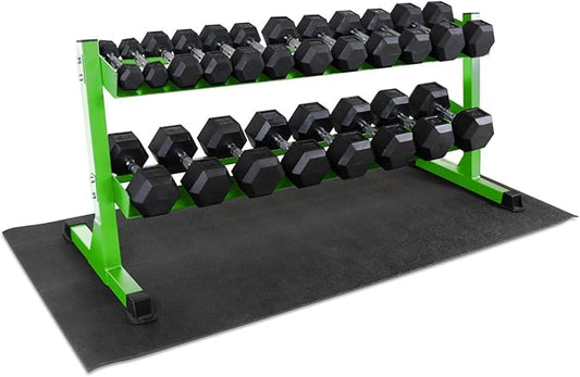 WF Athletic Supply Rubber Coated Hex Dumbbell Set, Multiple Choices Available - Dumbbells with Rack Stand and Mat, or Dumbbells Only (200/550/1200/2100/3000 LB)
