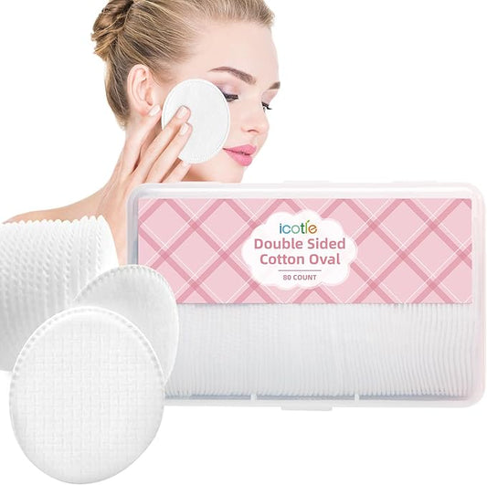 Large Oval Cotton Pads, 80 Count, Multi-Layer, Lint-Free, Dual-Sided, Ultra-Soft Cotton Oval Pads for Makeup Removal, Cleansing, and Toner Application
