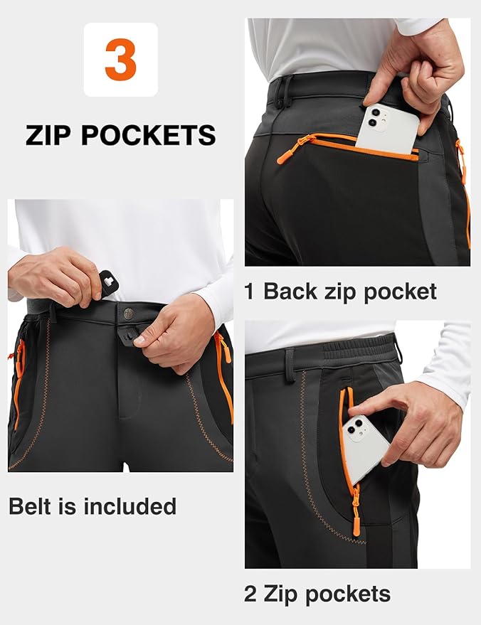 TBMPOY Men's Snow Ski Hiking Pants Waterproof Winter Fleece Lined Pants Camping Skiing Ice Fishing Pants with Belt