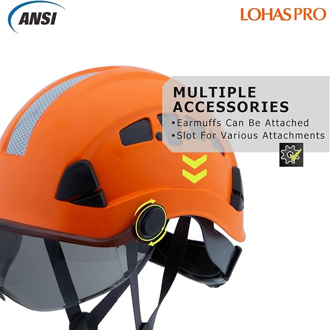 Hard Hats Construction Safety Helmet with Visor ANSI Z89.1 Approved OSHA Hardhat, LOHASPRO Vented Men Work Hard Hat with Chin Strap Tree Climbing Arborist Helmet (P4 Orange+Smoked Visor)