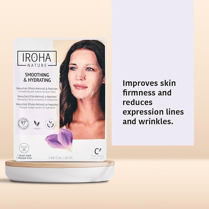 IROHA NATURE Firming & Anti-Aging Tissue Face Mask with Phyto Retinol (Bakuchiol) & Peptides (Pack of 15) | Improves Firmness & Elasticity | Results in 15 Minutes | Cruelty-Free