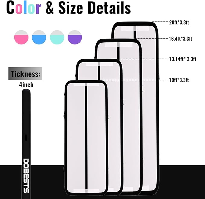 DOBESTS Inflatable Air Gymnastics Mat Tumbling Mat Tumble Track Gymnastics Training for Kids Home 6.6 feet 10 feet 13feet 16feet 20feet 4/8inch Thick for Cheerleading Dance Yoga Cheer Water With Pump