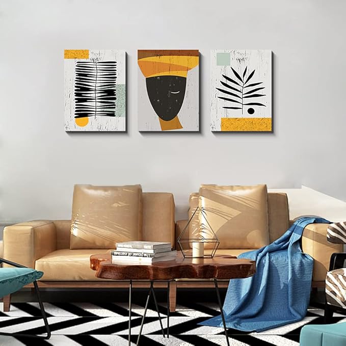 Framed Canvas Wall Art African Ethno Motive Wall Art Set, Abstract Ethno Art, African American Woman Portrait, Black Orange Print, Contemporary Collage, Minimalist (S-3pcs,20x30inchx3pcs)