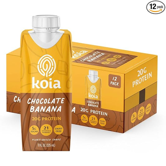 Koia Plant Based Protein Shake, Chocolate Banana, 20g Protein, 5g Sugar, 6g Prebiotic Fiber, 21 Vitamins & Minerals, Meal Replacement Drinks, Dairy-Free, Gluten-Free, Non-GMO, 11 Fl Oz (Pack of 12)