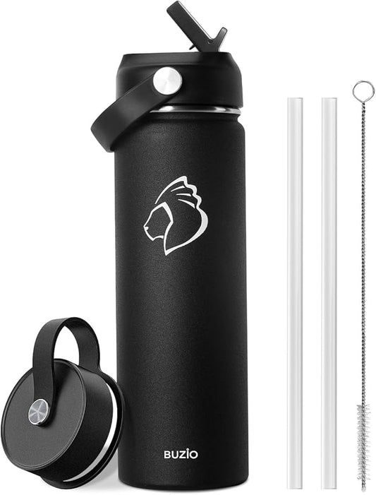 BUZIO 24 oz Insulated Water Bottle, Stainless Steel Wide Mouth Water Flask with Straw Lid, Cold for 48 Hrs Leak Proof Metal Hydro Thermo Canteen Mug, Black