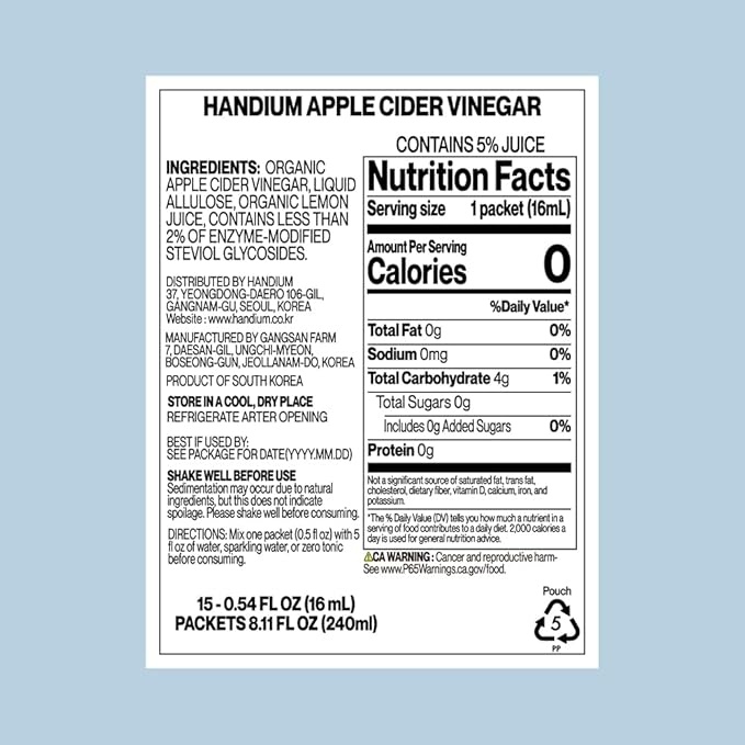 HANDIUM, Apple Cider Vinegar, Liquid Concentrate Stick, Better Taste ACV, No Sugar Added, Low Calorie, Easy to Mix (0.54 Fl Oz, Pack of 15)