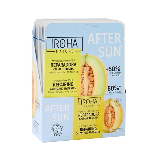 IROHA NATURE AFTERSUN Face Mask – Soothing & Hydrating Care After Sun Exposure | 15 Pack | With Melon, Chamomile & Aloe Vera