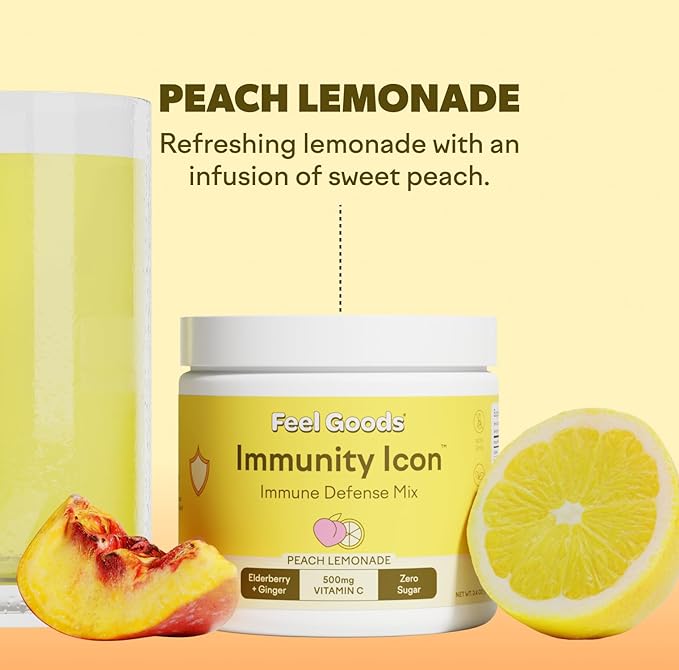 Feel Goods Immunity Icon, Zero Sugar, Vitamin C, A, B, D, E & Zinc, Organic Elderberry, Ashwagandha, Drink Mix Powder, Vegan, Non GMO, Caffeine & Gluten Free | Peach Lemonade, 30 Servings