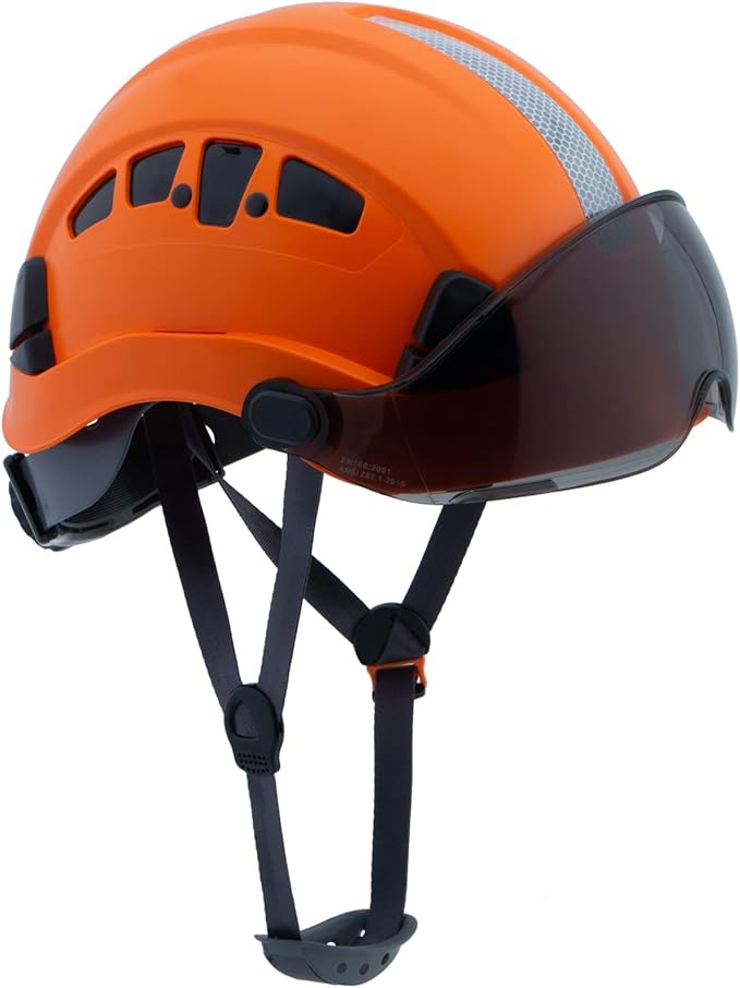 Hard Hats Construction Safety Helmet with Visor ANSI Z89.1 Approved OSHA Hardhat, LOHASPRO Vented Men Work Hard Hat with Chin Strap Tree Climbing Arborist Helmet (P4 Orange+Smoked Visor)