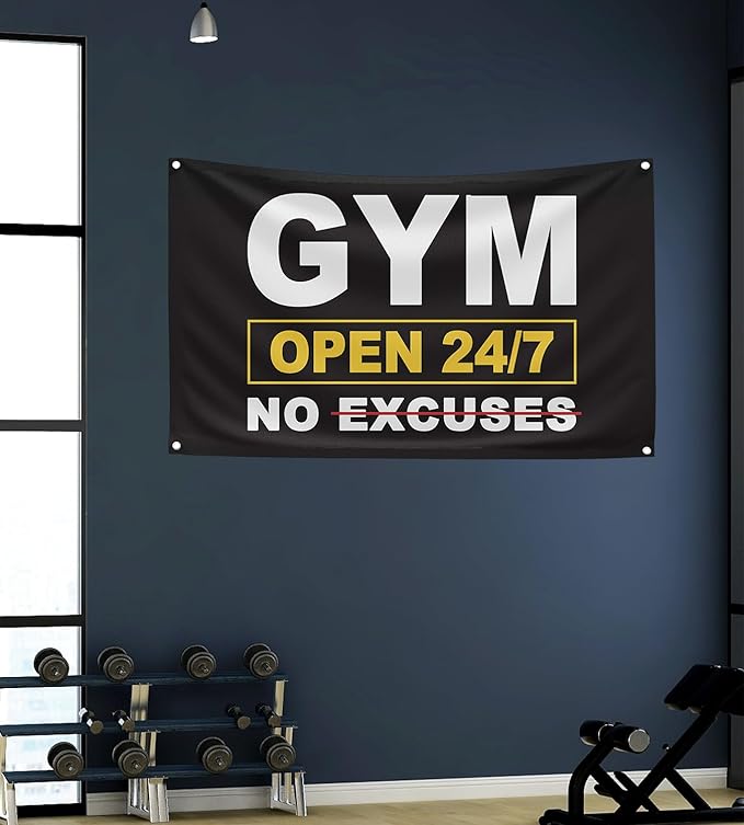GYM OPEN 24/7 INDOOR NO EXCUSES Motivational Gym Banner, 3x5 Ft Single-sided Printing Inspirational Wall Decor Flag, Perfect Motivational Wall Decor, Keep Motivated and Passion with Gym Flag