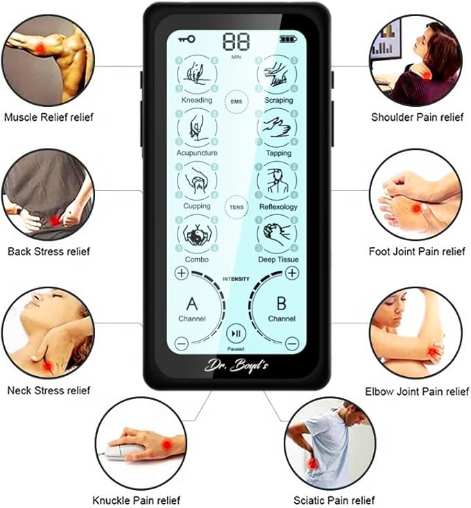 Dr. Boyd's "Advanced X" Touchscreen TENS & EMS Unit -32 Modes, 8 Settings, Large Back-Lit Touchscreen Display, Dual Channel, Re-Chargeable Battery, Automatic Timer, 5 Pairs of Pads, Storage Bag