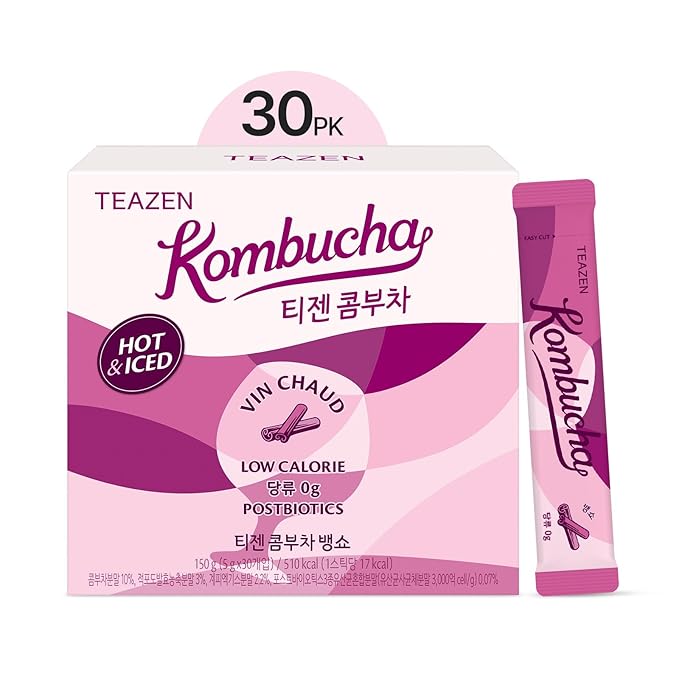 TEAZEN Mulled Wine Kombucha Tea, Live Probiotics & Postbiotics, Relaxation and Warmth for Colds and Sore Throat, Electrolyte & Hydration Drink Mix, Sugar Free, 30 Sticks, 5.29oz