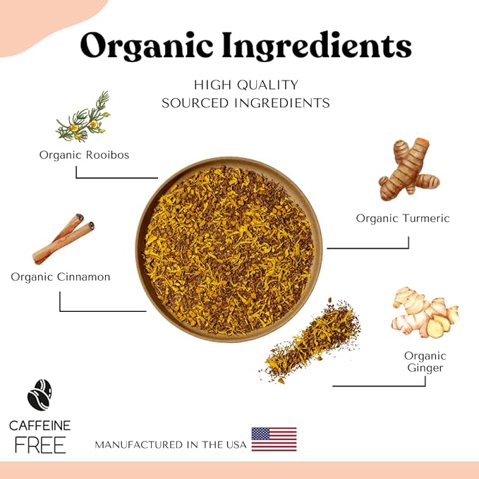 Organic Turmeric Ginger Tea - AIP diet, Whole 30, Paleo friendly, Golden Tonic Herbal Blend - Ayurvedic rooibos herbs, 100% Organic Gluten-Free