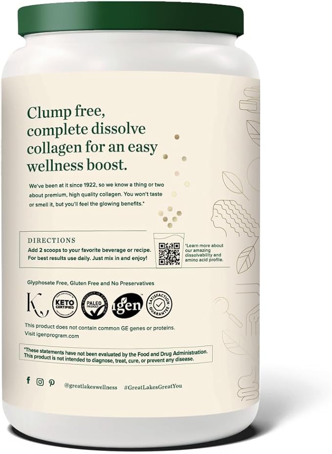 Great Lakes Wellness Bovine Collagen Peptides Powder for Skin, Hair, Nails, Joints & Digestion - Unflavored - Quick Dissolve Hydrolyzed, Non-GMO, Kosher - 32 oz