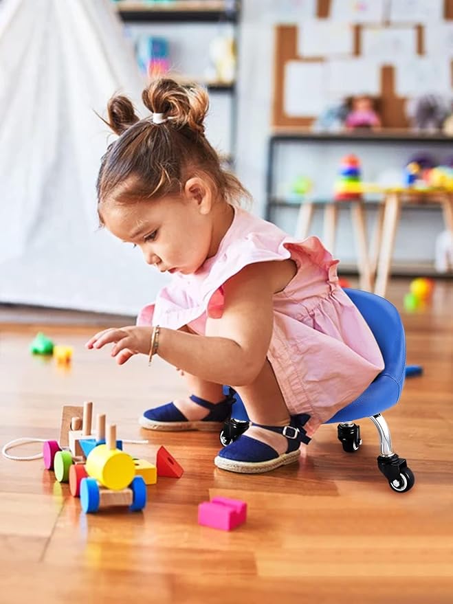 Lanstics Low Roller Seat Stool with Universal Swivel Wheels Leather Rolling Stool Seats with Cushion Backrest 360 Rolling Stools for Home Office Fitness (Blue)