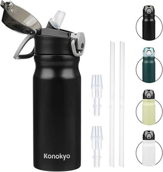 Insulated Water Bottle with Straw and Carry Loop,18 oz Stainless Steel Double Wall Vaccum Metal Water Flask with Leak-proof Lid,Black
