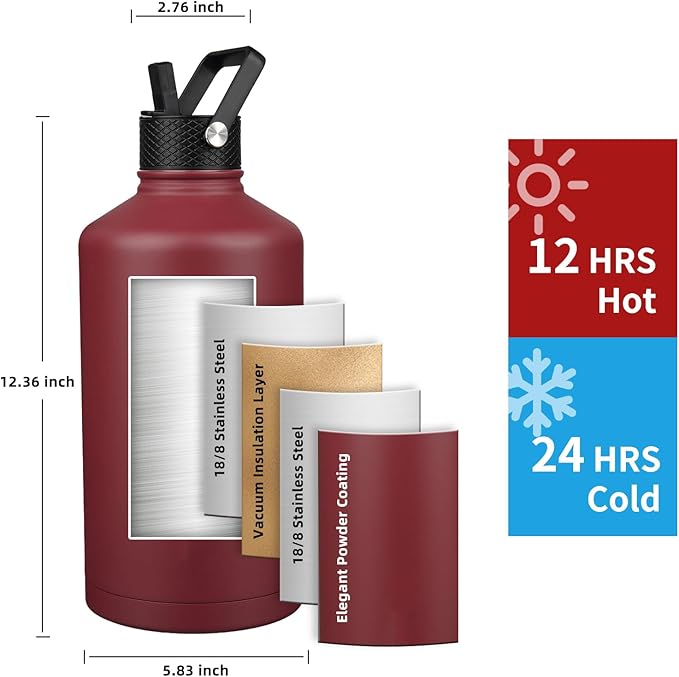 Insulated Water Bottle 64oz,Triple Wall Vacuum Stainless Steel(Dishwasher Safe),Leak Proof & Non-BPA,Flask Jug with Paracord Handle & Straw Spout Lids Sports