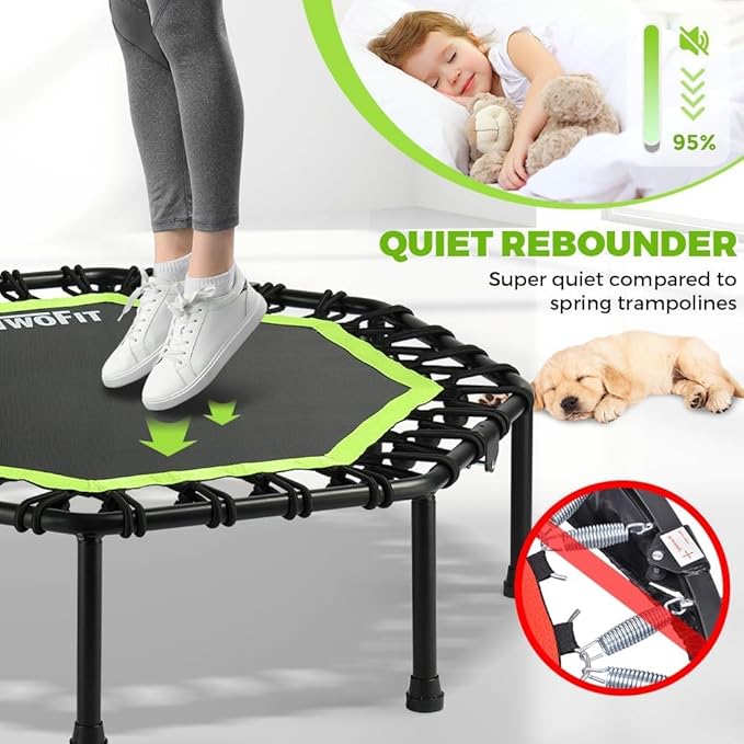 ONETWOFIT Foldable Rebounder Trampoline for Adults, 40/42/45” Mini Fitness Trampoline W/Adjustable Foam Handle Bungees, Quiet Exercise Trampoline for Personal Indoor Workout