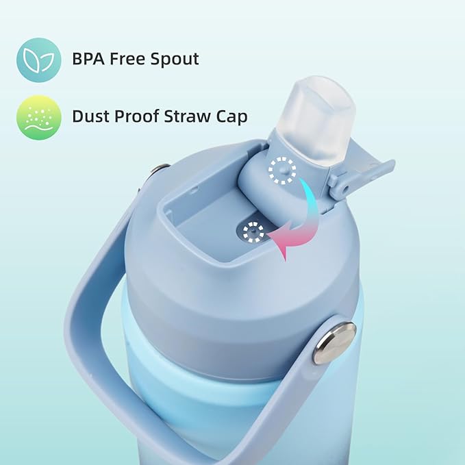 Insulated Water Bottle with Straw Lid,18 oz Stainless Steel Vacuum Metal Bottle with Silicone Handle,Sky